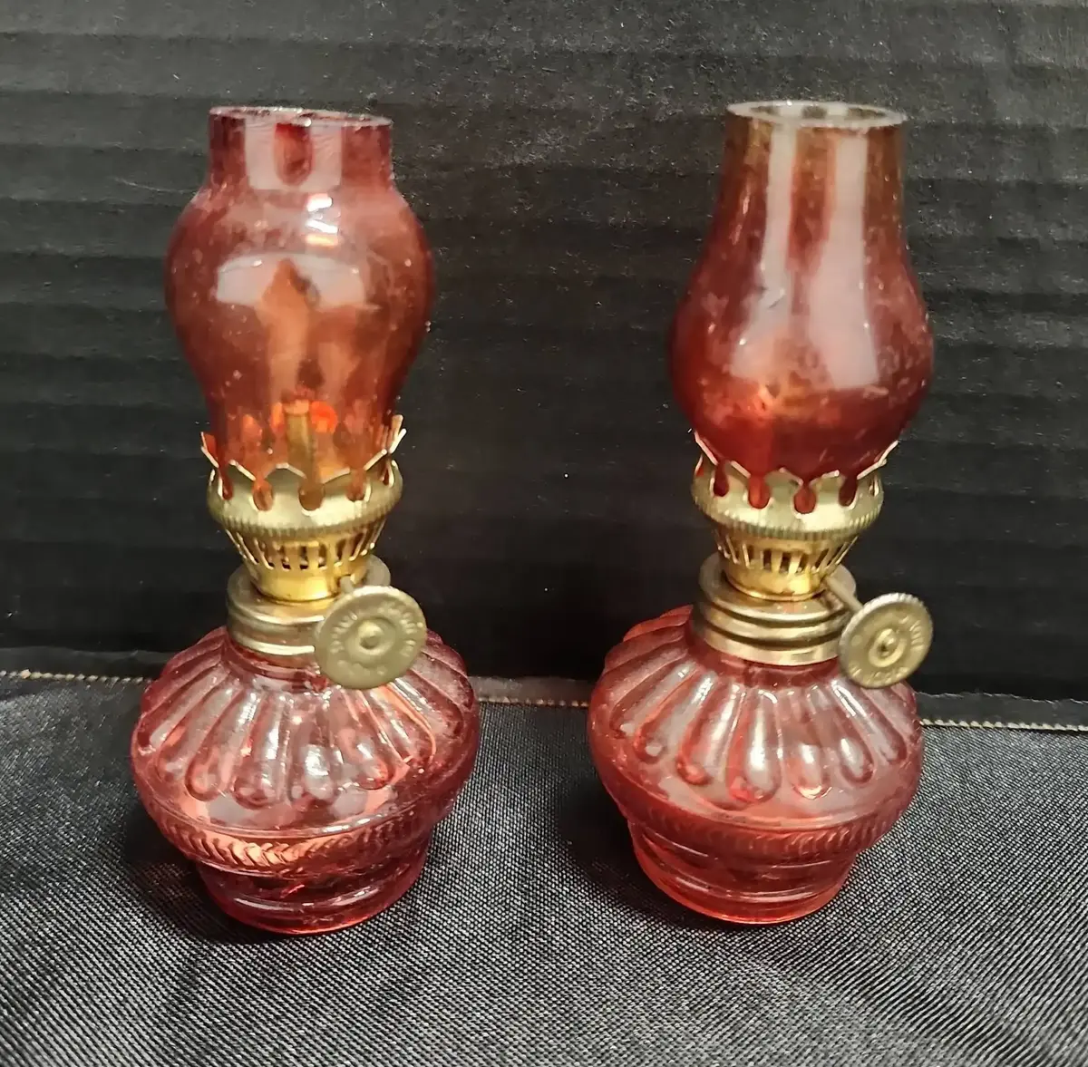 2 Vtg Miniature Red Glass Oil Lamps - Ribbed Pattern  Brass Fixture, 5" Tall
