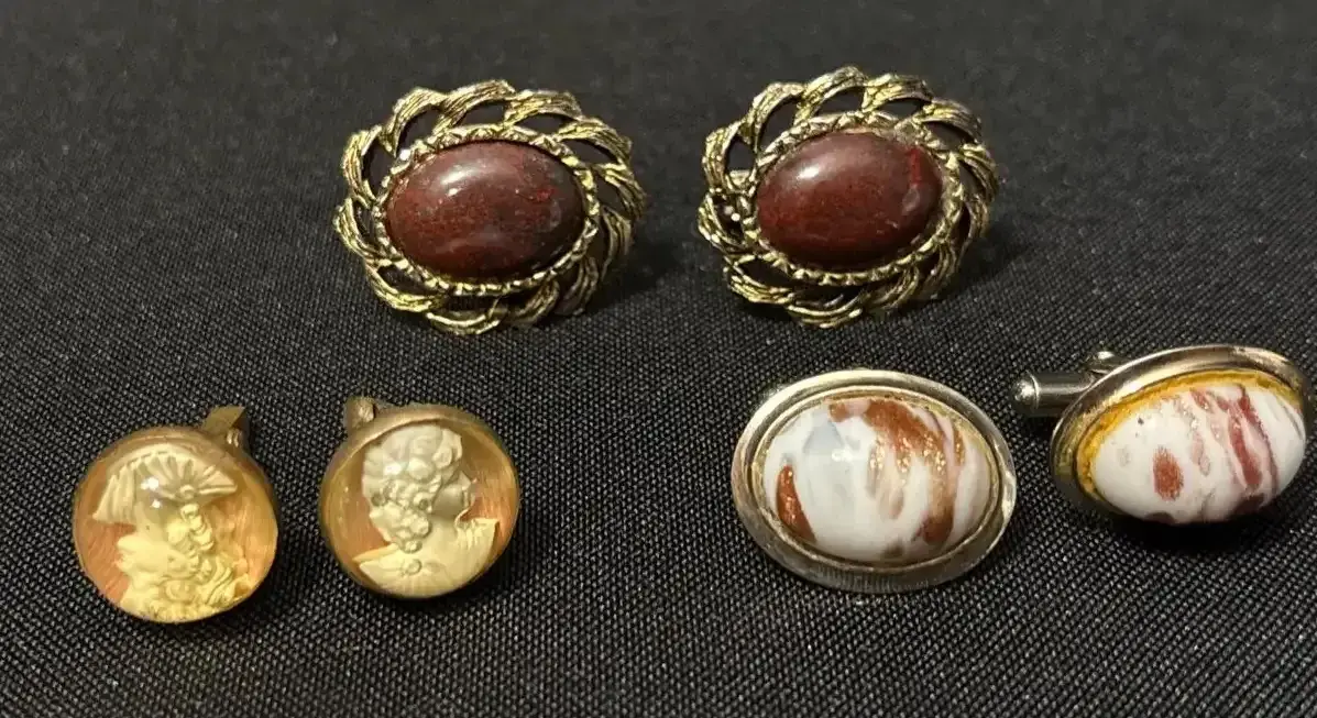 Men’s Vintage Cufflinks - Cameo, Swirl Art Glass, Brown Stone, MCM