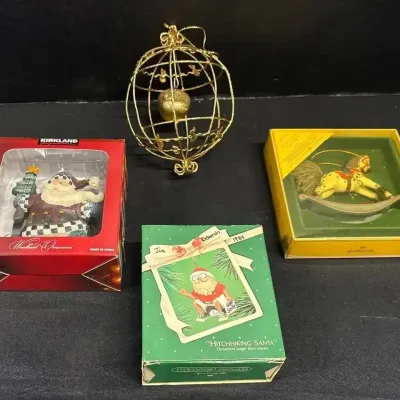 Christmas Ornaments - Hallmark Rocking Horse 1984, Hitchhiking Santa, Music Cage, Kirkland Santa