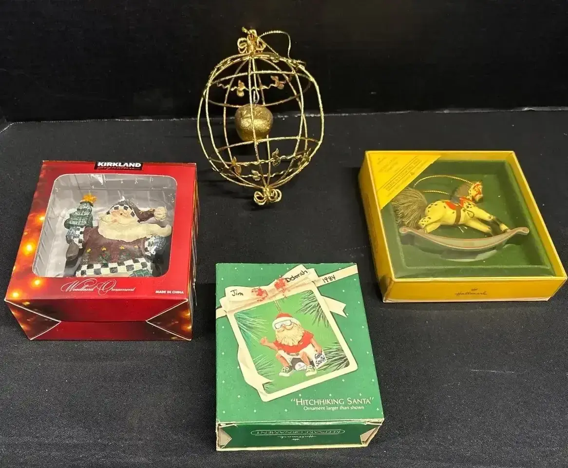 Christmas Ornaments - Hallmark Rocking Horse 1984, Hitchhiking Santa, Music Cage, Kirkland Santa
