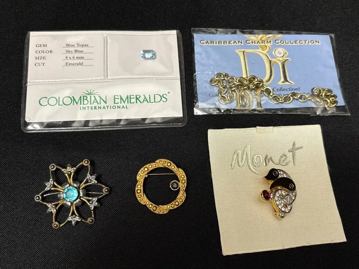 Jewelry - Loose Sky Blue Topaz, Signed Monet Pin, DI Caribbean Bracelet, Brooches