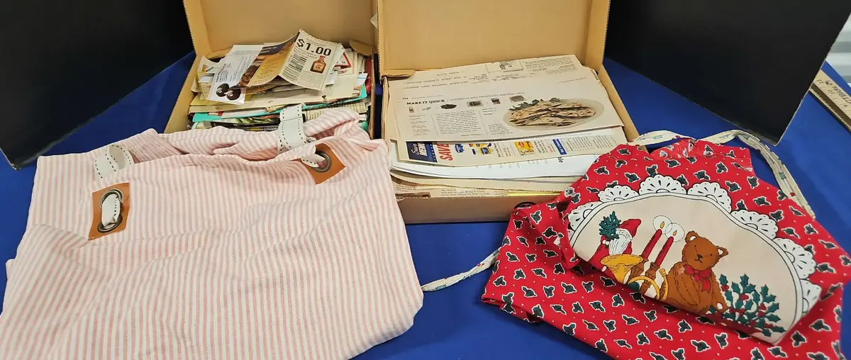 Get Cooking!  2 Classic Aprons & 2 Boxes Full Of New & Old Recipes, Vintage Clippings