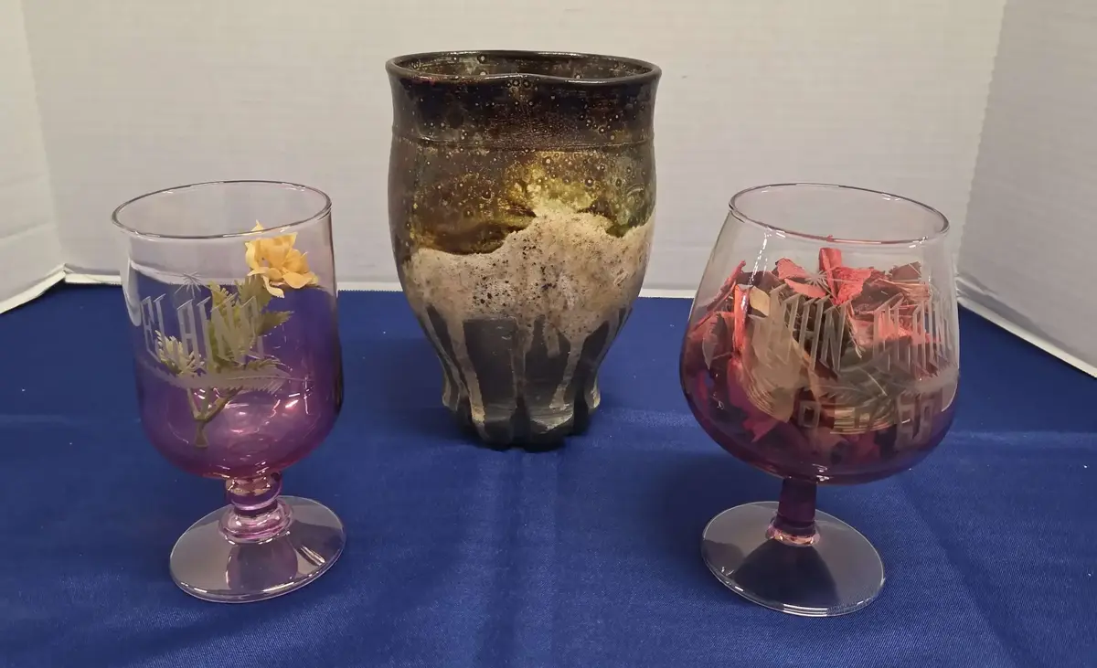 Vintage Earthy Vase & Two Etched Glasses