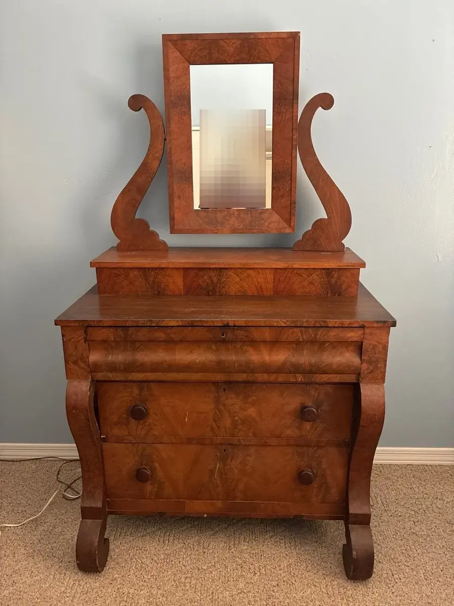 Antique American Empire Wood Mahogany Bureau Dresser w/ Swivel Mirror & Wishbone - Chest Of Drawers
