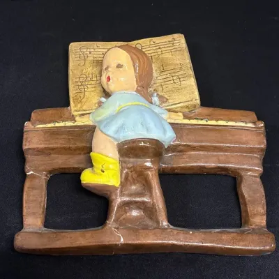 Vintage Mid-Century 3D Plaster Wall Plaque - Girl Playing Piano