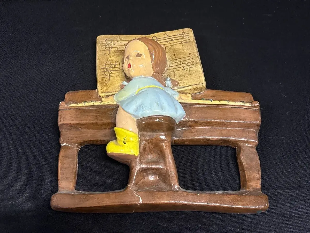 Vintage Mid-Century 3D Plaster Wall Plaque - Girl Playing Piano