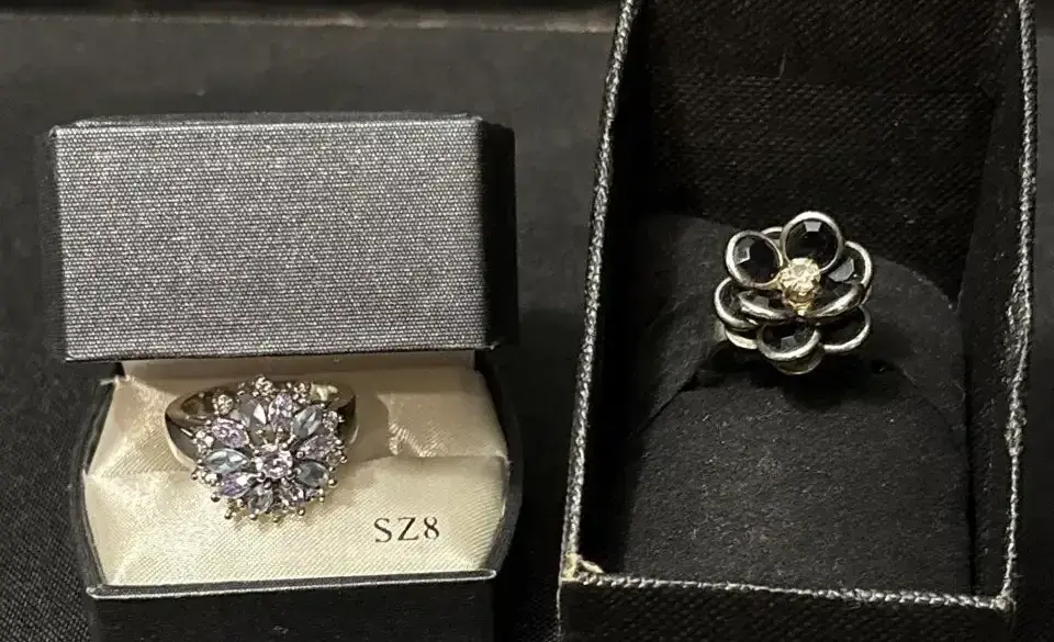 2 Rings - Pastel Multi-Stone Starburst Size 8 & Black Enamel Camellia Size 6 Adjustable