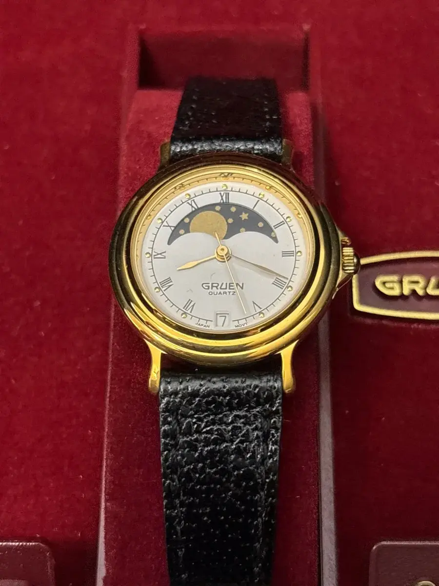 Vintage Gruen Precision Ladies Moon Watch - Celestial, Sun Dial, Date, Black Strap, Box, Tag