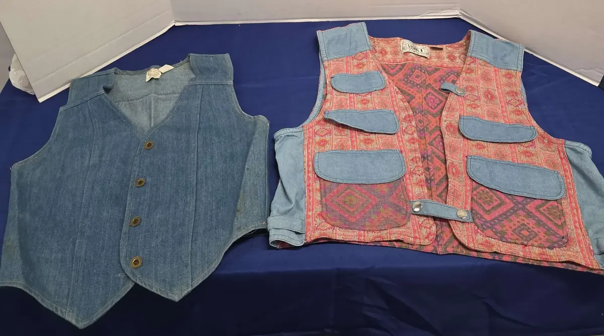 Two Sleeveless Denim Vests - Plain, Pink & Purple Pattern
