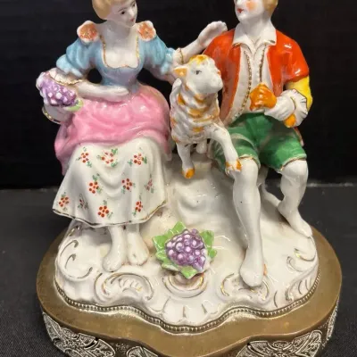 VTG Courting Couple With Lamb Porcelain Figurine - Metal Base, Victorian