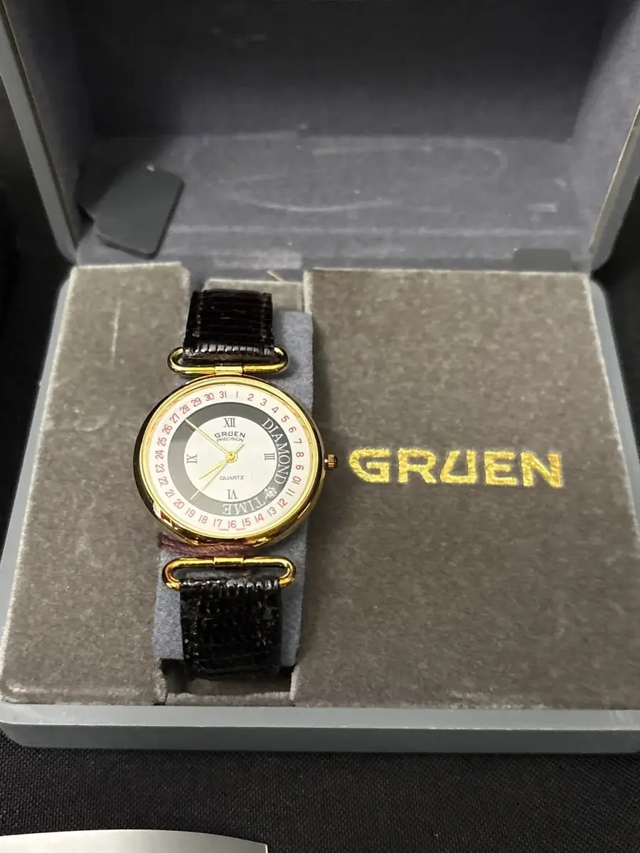 Vintage Gruen Precision Diamond Time Watch - Mid-Size, Date Pointer, Black Strap, Box, Tag
