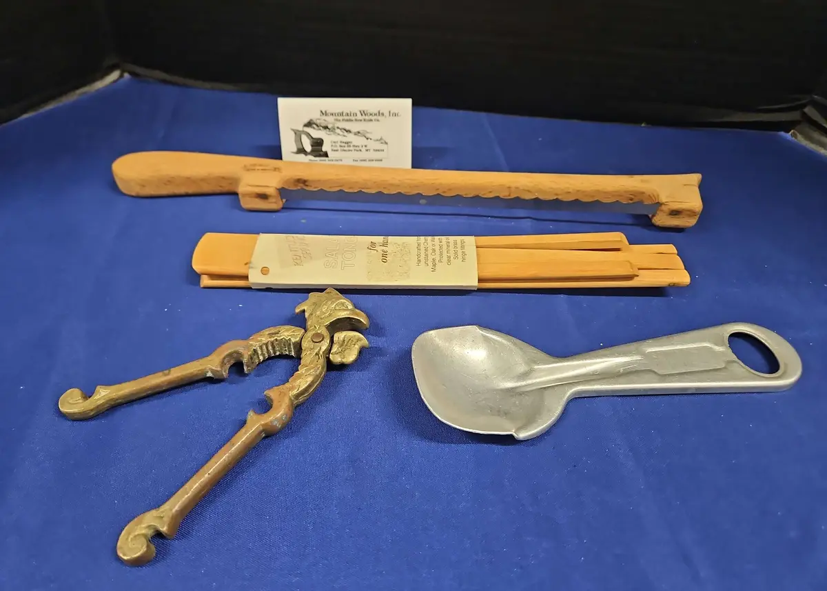 Vintage Kitchen Tools- Bow Knife, Salad Tongs, Tooster Nutcracker, Ice Cream Serving Spoon