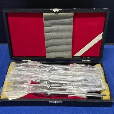 6 Vintage Stainless Steak Knives - Red Velvet Lined Case, MCM