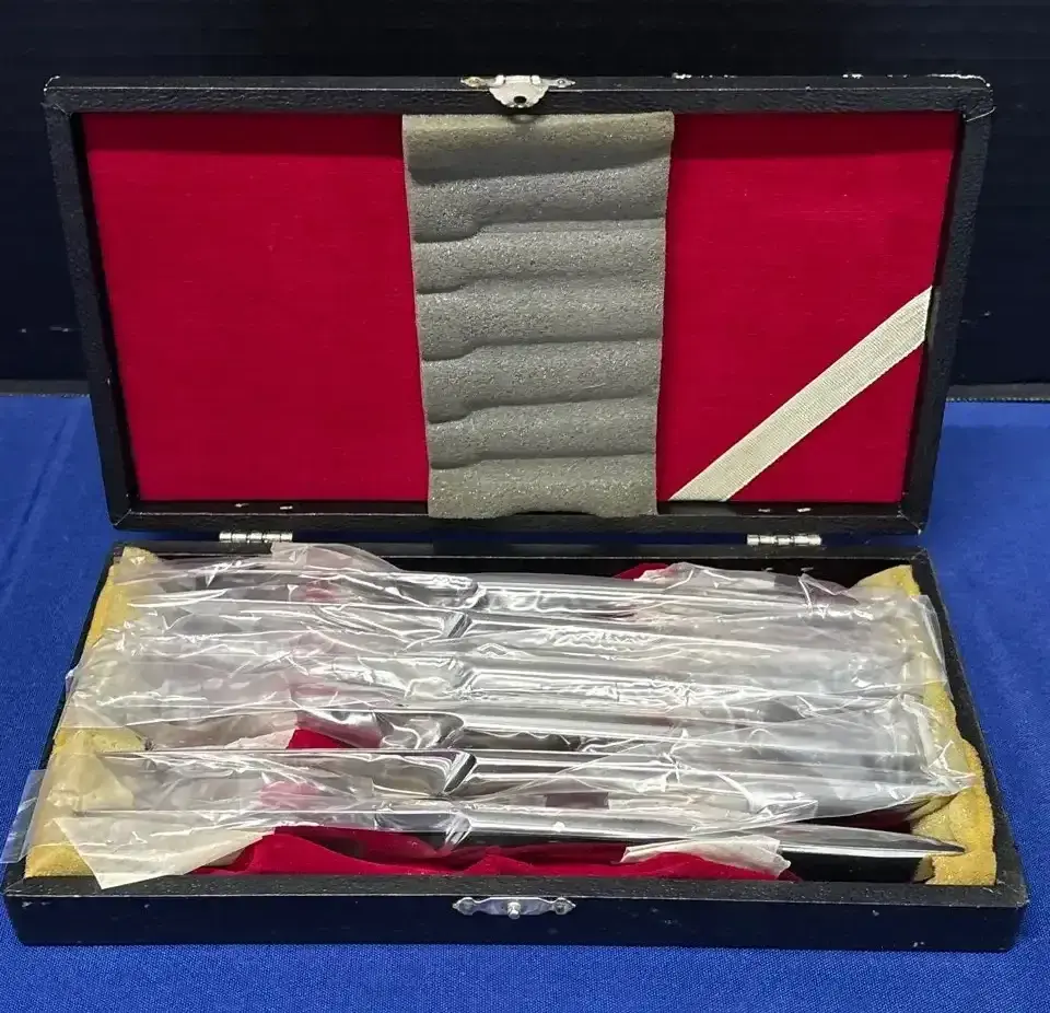 6 Vintage Stainless Steak Knives - Red Velvet Lined Case, MCM