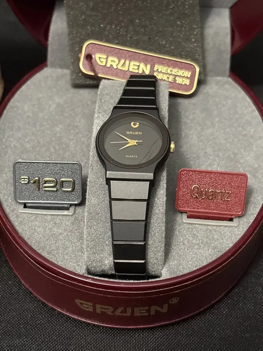 Vintage Gruen Precision Ladies Black Matte Minimalist Quartz Watch - Box, Tags, Cracked Crystal