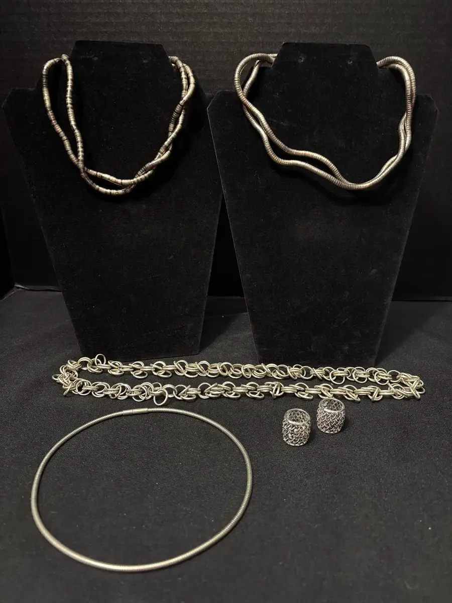 Jewelry - 2 Bendable Snake Chain Necklaces, Silver Tone Choker, Interlocking Ring