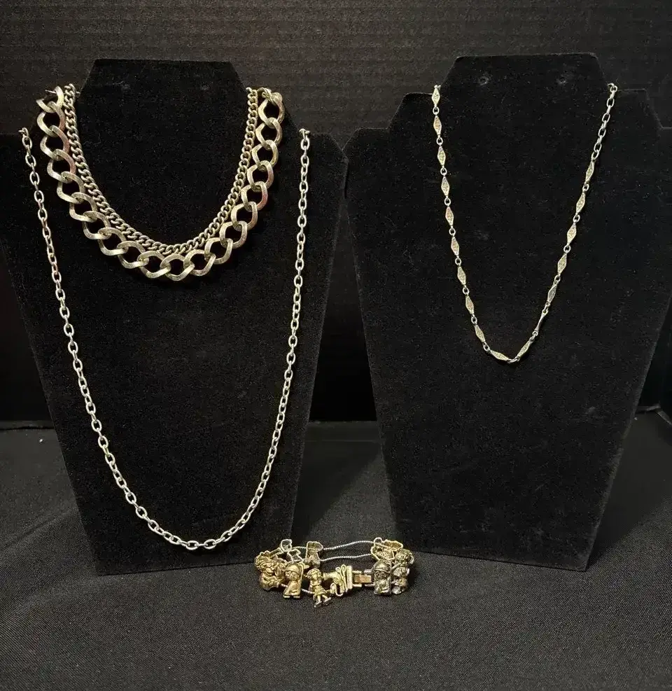 Jewelry - Silver Tone Statement Necklace, Cable & Diamond-LinkChain + Salon Themed Charm Bracelet