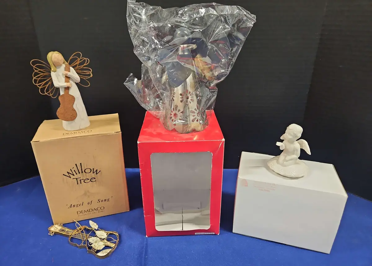 3 Vintage Angel Figurines - Willow Tree Angel Of Song, Metal Angel Looks New, Ceramic Kisses Cherub