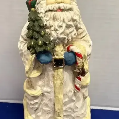 Holiday Santa - White Robes, Ceramic, Christmas, Santa Holding Tree & Candy Cane, Carved Look, Box 