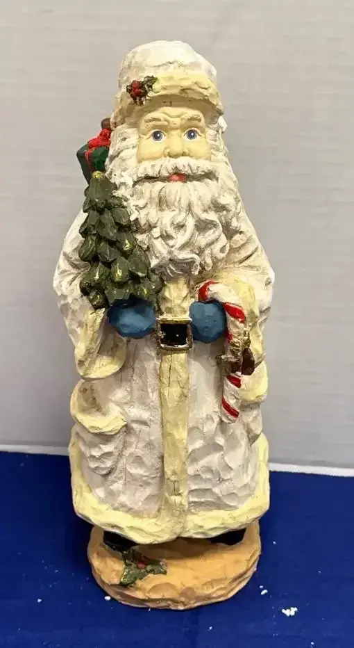 Holiday Santa - White Robes, Ceramic, Christmas, Santa Holding Tree & Candy Cane, Carved Look, Box 