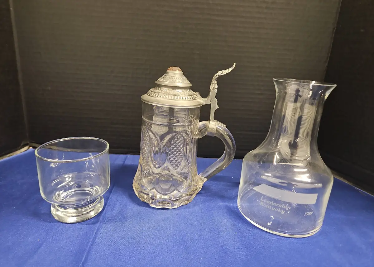 Vintage Bar Glassware - Whiskey Glass, Beer Stein W/ Lid, Wine Carafe Decanter