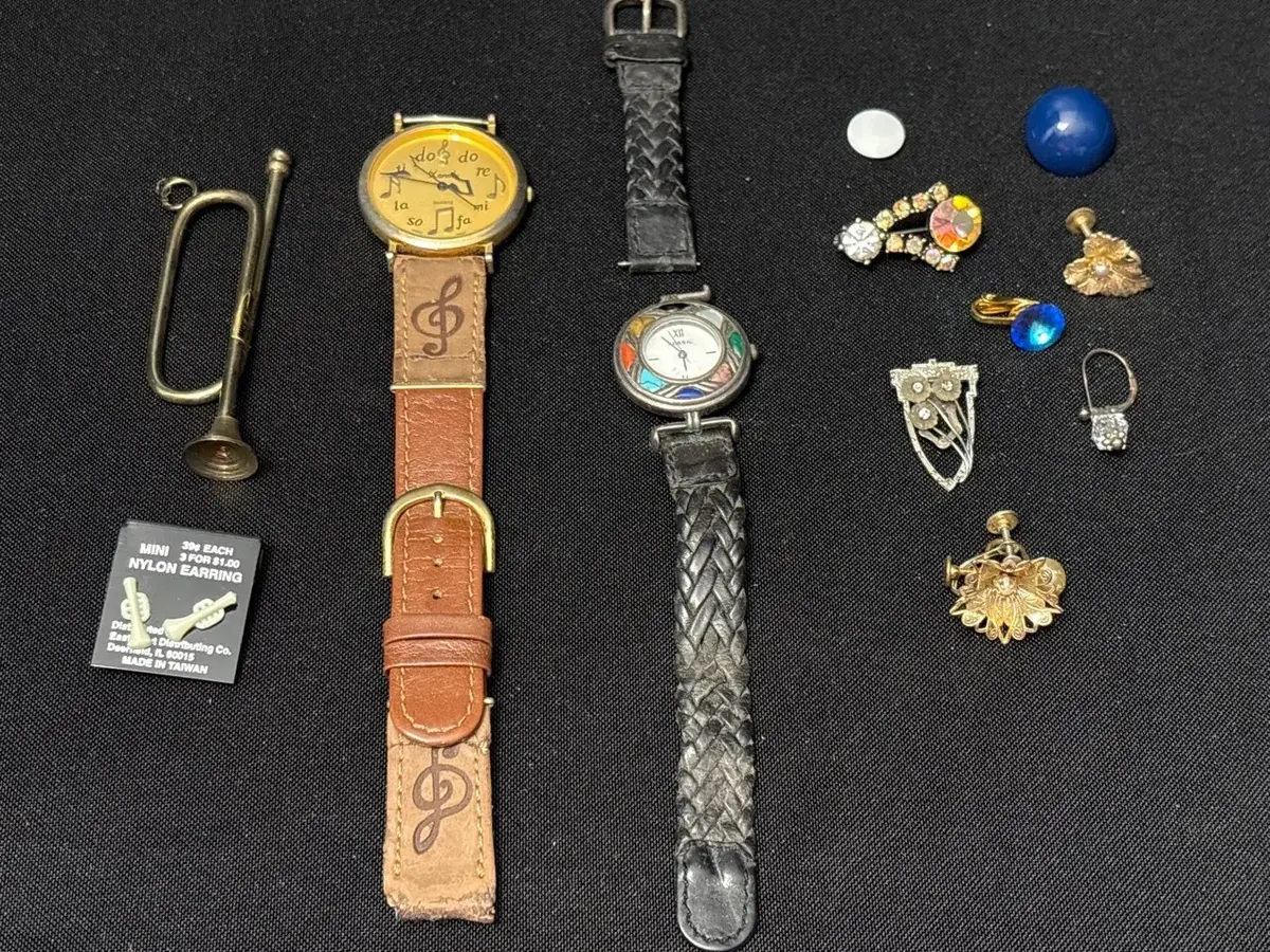 VTG Costume Jewelry - Fossil Mosaic Stone & Xanadu Music Watch, Bugle Pendant, Earrings, Orphans