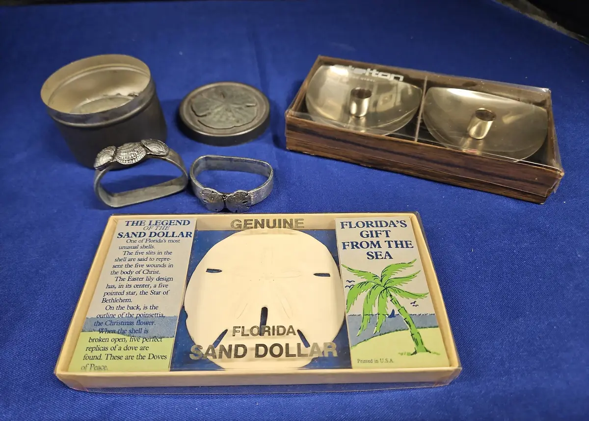 Vintage Decor - Sand Dollar Pewter Trinket Box W/ Matching Napkin Rings, MCM Candle Holders, Florida