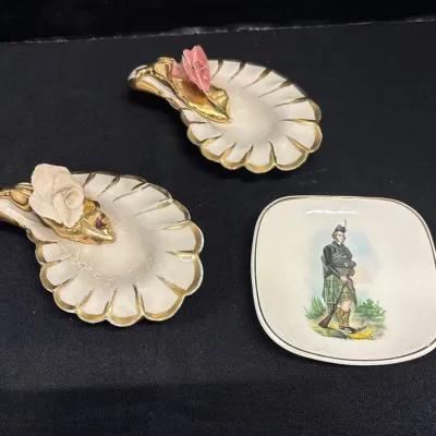 3 Vintage Trinket Dishes - Sandland Staffordshire Scottish Soldier & Fine China Floral Shells