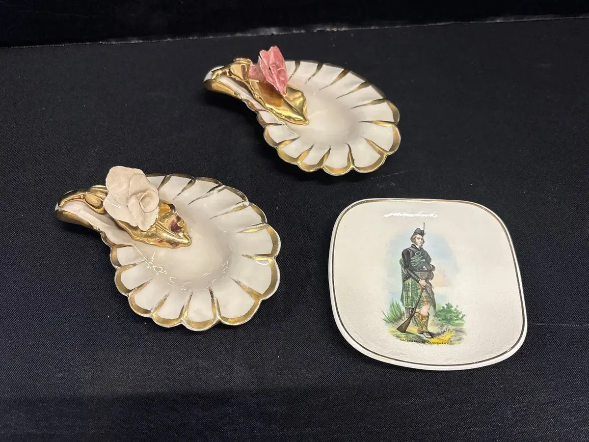 3 Vintage Trinket Dishes - Sandland Staffordshire Scottish Soldier & Fine China Floral Shells