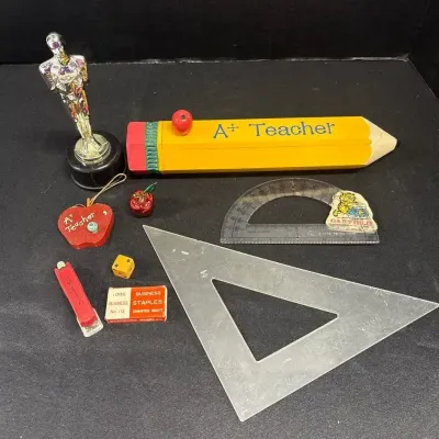Apple For The Teacher - Russ Berrie Wooden Pencil Box, Swingline Stapler, Dice, Protractor, Garfield