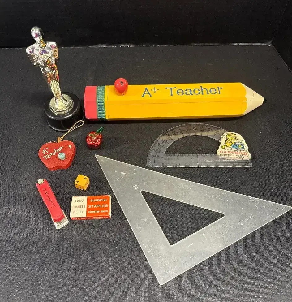 Apple For The Teacher - Russ Berrie Wooden Pencil Box, Swingline Stapler, Dice, Protractor, Garfield