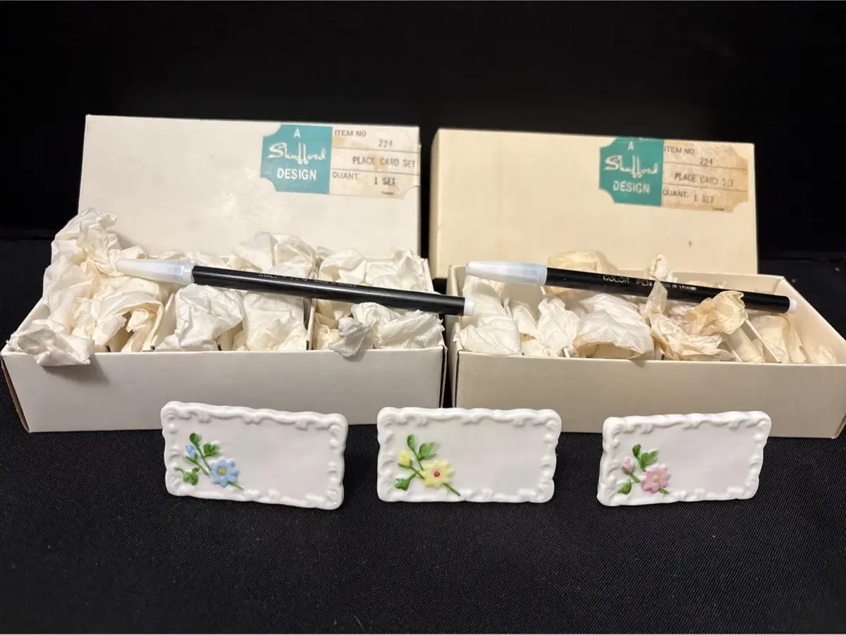 12 Shafford Design Porcelain Place Cards - Pink, Blue, Yellow Flower, Original Box