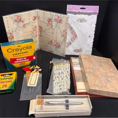 Vintage Stationary - Kriesler Pen, Mickey Mouse Bookmark, Crayola Crayons, Hallmark, Pencils
