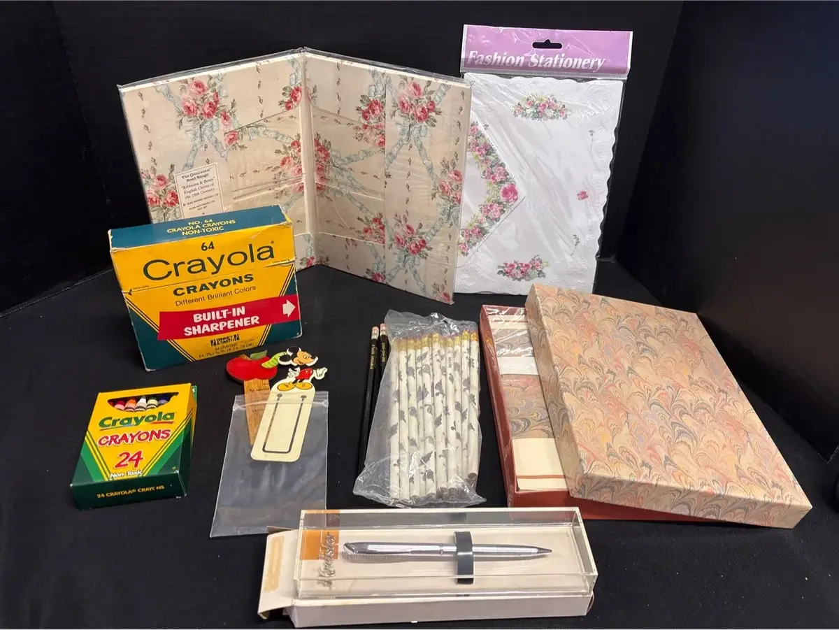 Vintage Stationary - Kriesler Pen, Mickey Mouse Bookmark, Crayola Crayons, Hallmark, Pencils