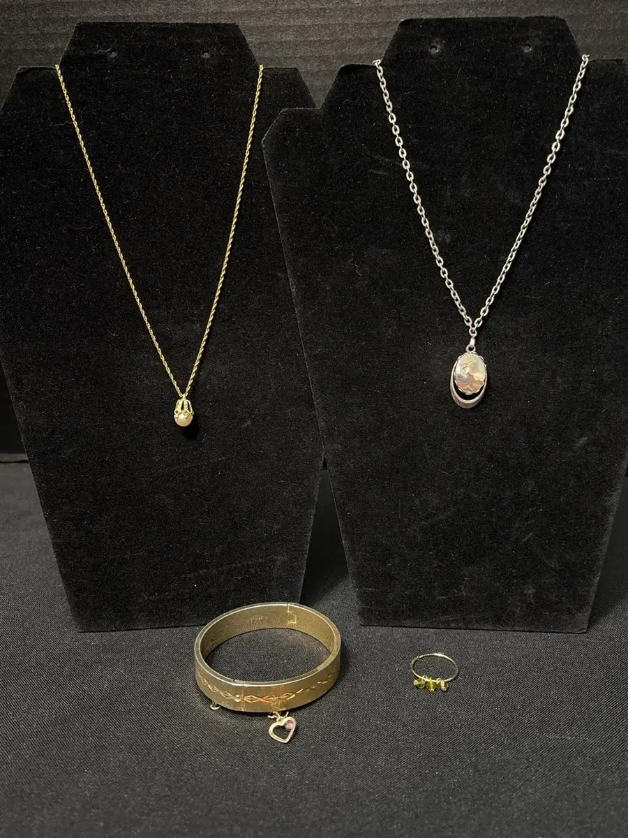 VTG Jewelry - 14K GF Caged Faux Pearl Necklace, Abalone Seagull Pendant, Gold Tone Bangle