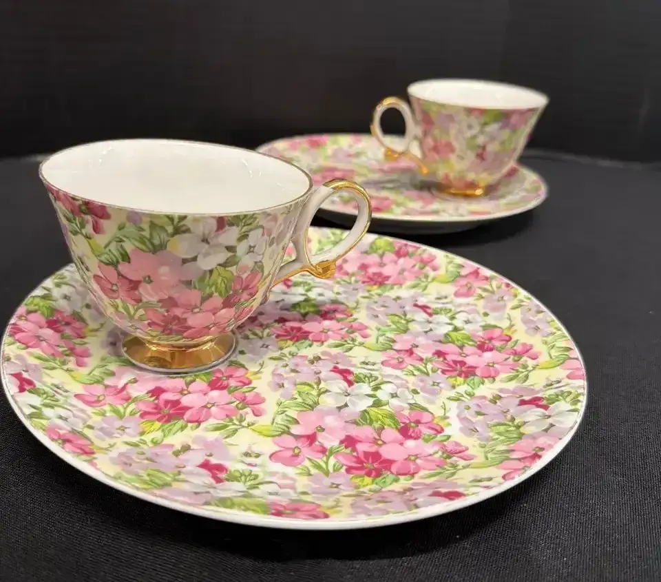 Vintage Shafford Japan Floral Chintz Tea Cups & Saucers - Set No. 9306