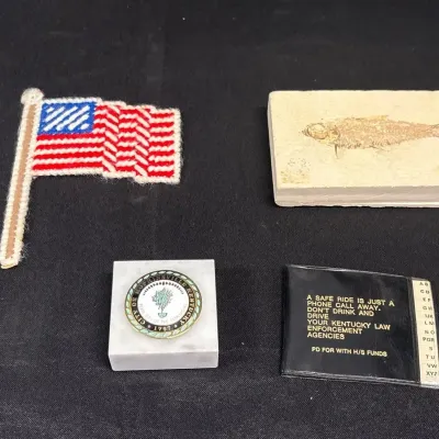 Vintage Collectibles - Yarn Embroidered Flag, Hopkinsville KY Paperweight, Fish Fossil, Address Book
