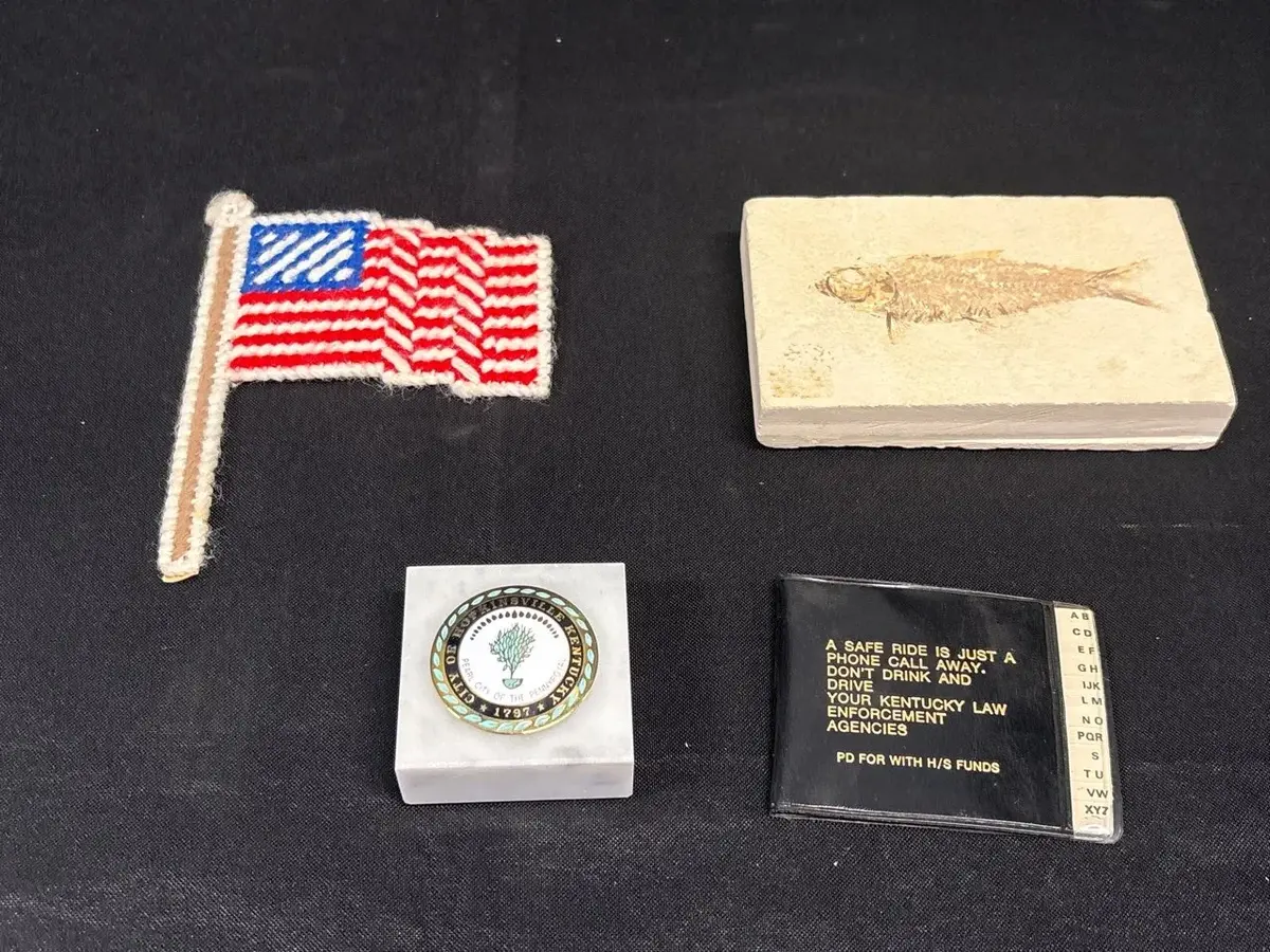 Vintage Collectibles - Yarn Embroidered Flag, Hopkinsville KY Paperweight, Fish Fossil, Address Book