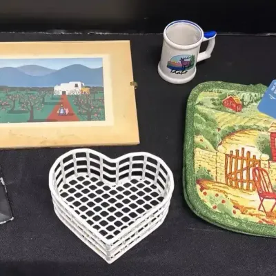 Country Decor - Tabletop Weathervane, Landscape Print, Heart Wire Basket, Potholders, Idaho Mini Mug