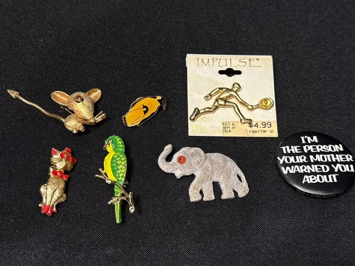 7 Vintage Pins - Mouse, Cat, Parrot, Penguin, Elephant, Tennis, Novelty