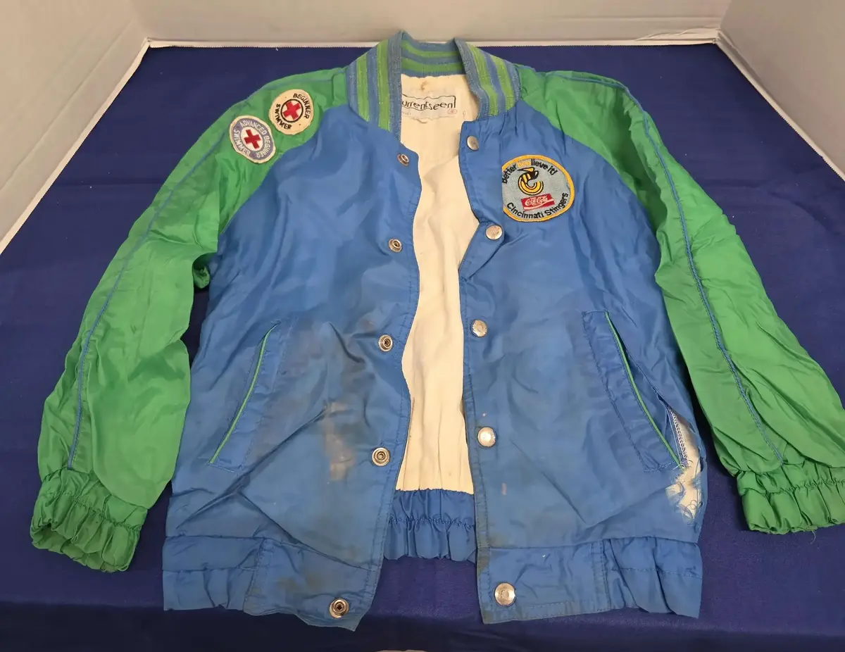 Vintage "Cincinnati Stingers" Youth Blue & Green Nylon Snap-Front Bomber Jacket - WHA Hockey