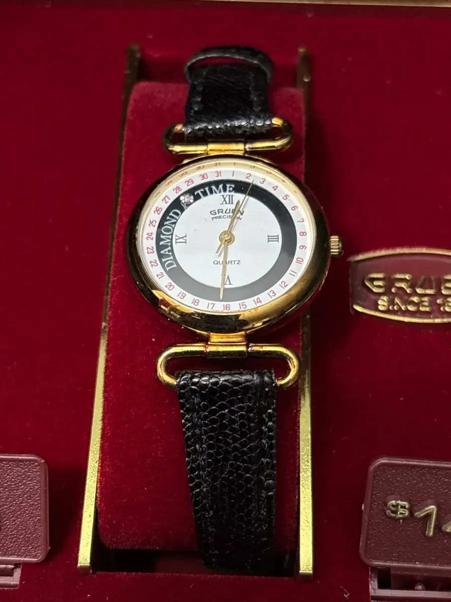 Vintage Gruen Precision Ladies Diamond Time Watch - Pointer Date, Black Strap, Gold Tone, Box, Tag