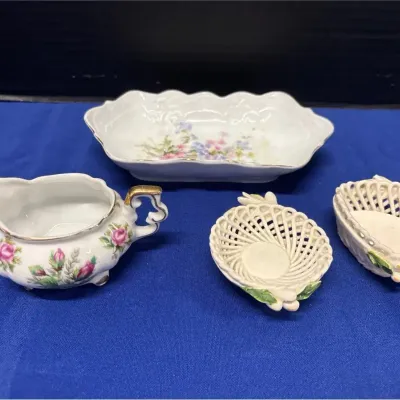VTG Porcelain Collectibles - Creamer, Scalloped Tray, Trinket Baskets, Floral