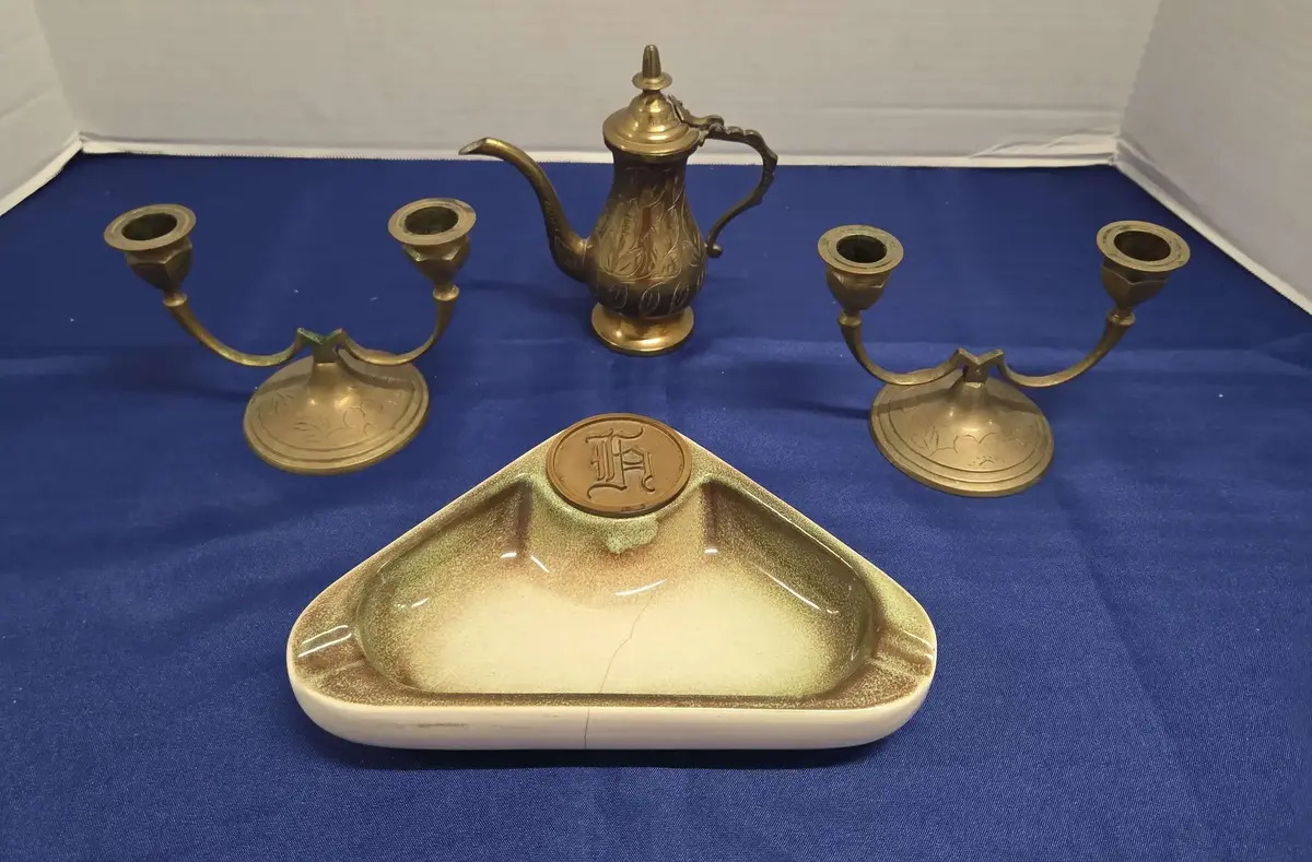 Vintage Brass - Roseville Hyde Park Ashtray, Candle Stick Holders, Pitcher