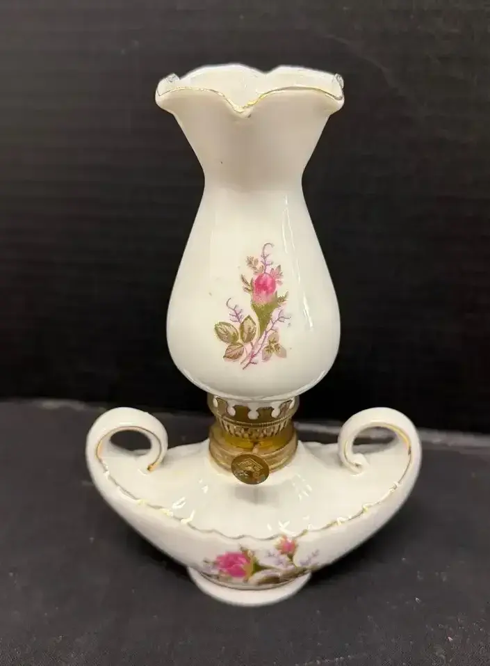 Vintage Moss Rose Miniature Oil Lamp - Porcelain Genie Style