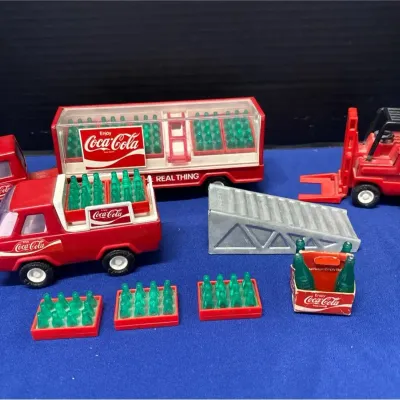 Vintage Buddy L Coca-Cola Delivery Fleet Toy Set - Semi, Van, Forklift, Ramp & Soda Cases