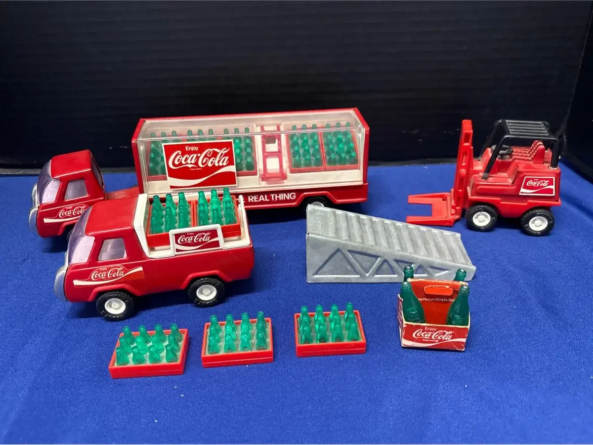 Vintage Buddy L Coca-Cola Delivery Fleet Toy Set - Semi, Van, Forklift, Ramp & Soda Cases