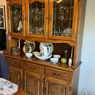 Wooden Oak China Cabinet And Hutch With Glass Doors And Lower Buffet Base