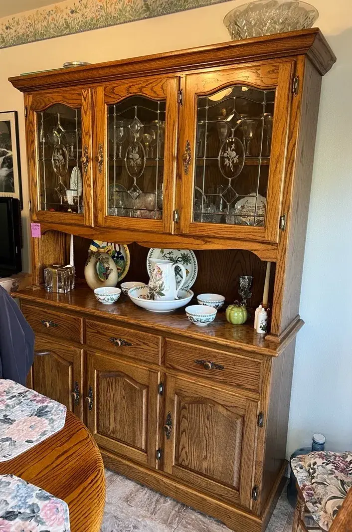 Wooden Oak China Cabinet And Hutch With Glass Doors And Lower Buffet Base