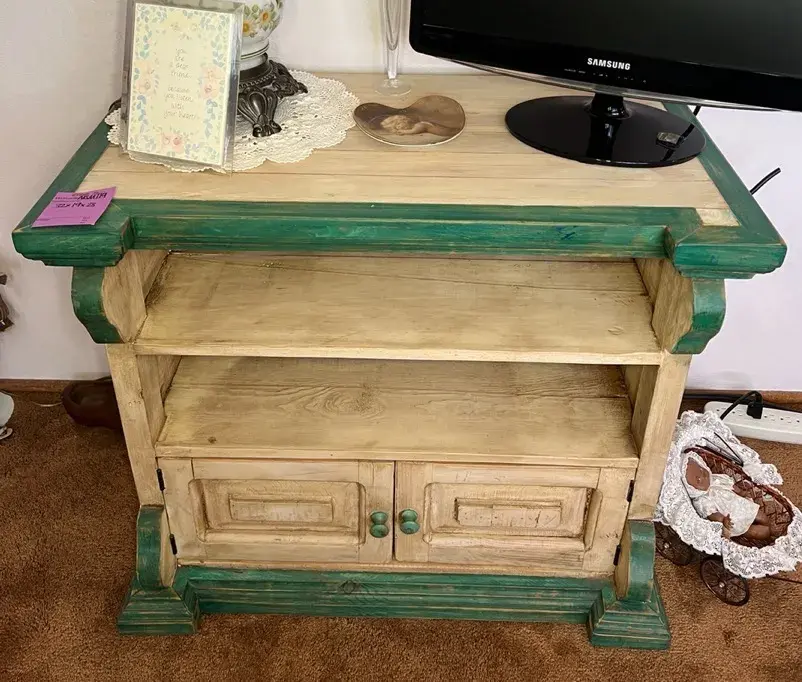 Rustic Wooden Media Console Cabinet  With Natural Wood Finish And Painted Green Trim